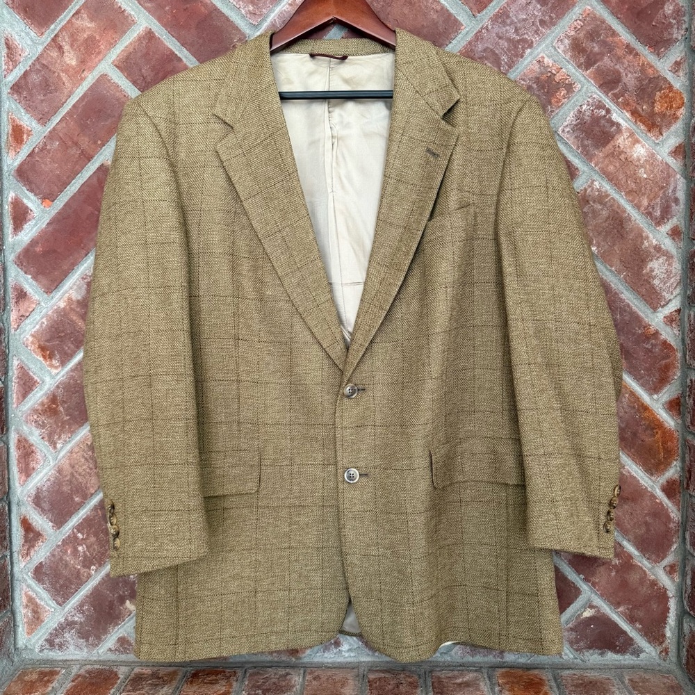 Hart Schaffner Marx Blazer Mens 42R Tan Plaid Wool Sport Coat 2 Button Union USA